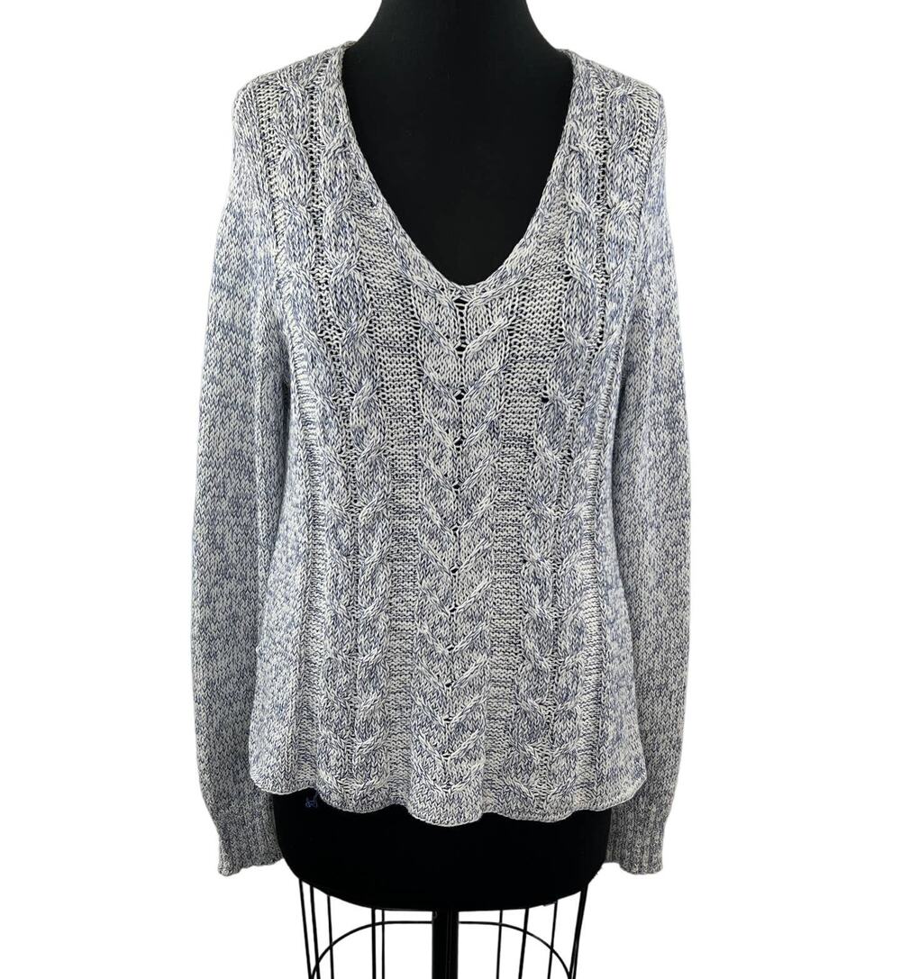 WOODEN SHIPS Gray S Cable Knit Sweater V-Neck Long Sleeve Pullover Regular Fit